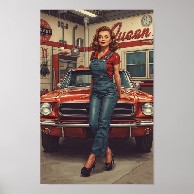 A bold retro pin-up illustration featuring a greas poster (Framsidan)