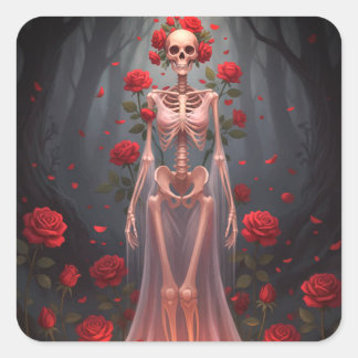 A bony girl wears a wedding dress in a forest.  fyrkantigt klistermärke