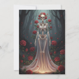 A bony girl wears a wedding dress in a forest.  inbjudningar