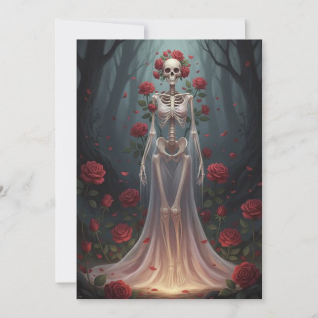 A bony girl wears a wedding dress in a forest.  inbjudningar (Framsida)