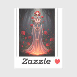 A bony girl wears a wedding dress in a forest.  klistermärken