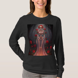 A bony girl wears a wedding dress in a forest.  t shirt