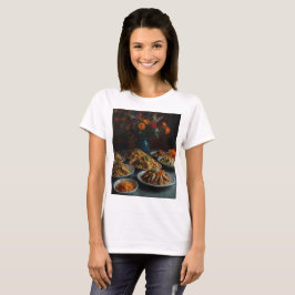 a bord fullt livsmedel inklusive blommor från kött t shirt