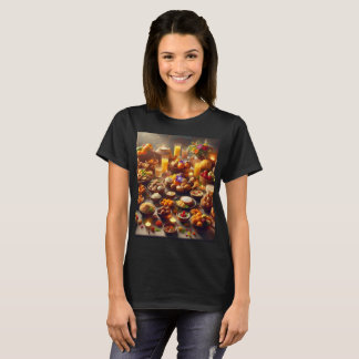 a bord fullt livsmedel inklusive frukt och glas t shirt