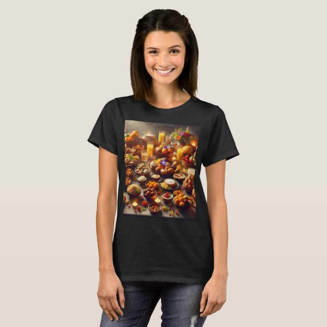 a bord fullt livsmedel inklusive frukt och glas t shirt (Hel framsida)