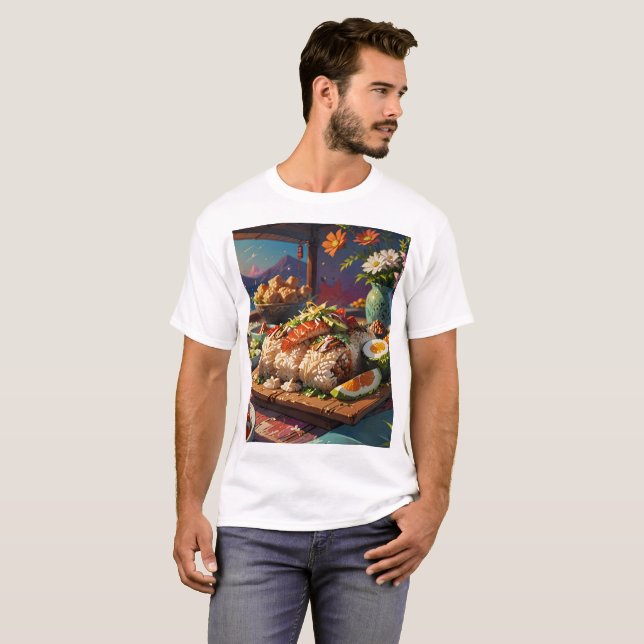 a bord med mat, inklusive en livsmedelsbricka t shirt (Hel framsida)