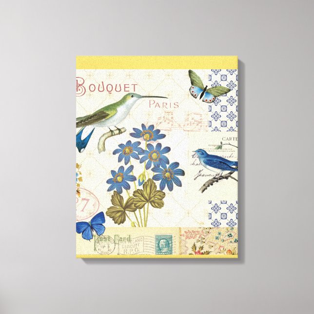 A Bouquet av Blåa blommor, fåglar och fjärilar Canvastryck (Framsida)