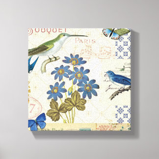 A Bouquet av Blåa blommor, fåglar och fjärilar Canvastryck