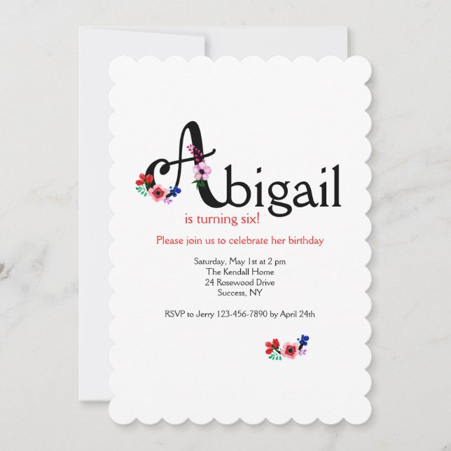 "A" Brev (lägg till första Namnen med Brev A) Inbjudningar (Framsida)