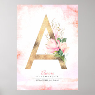 A Brev Monogram Guld Löv Rosa Magnolia Blommigt Poster
