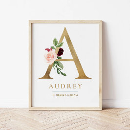 A Brev Monogram Namn Marsala Blommigt Nursery Poster