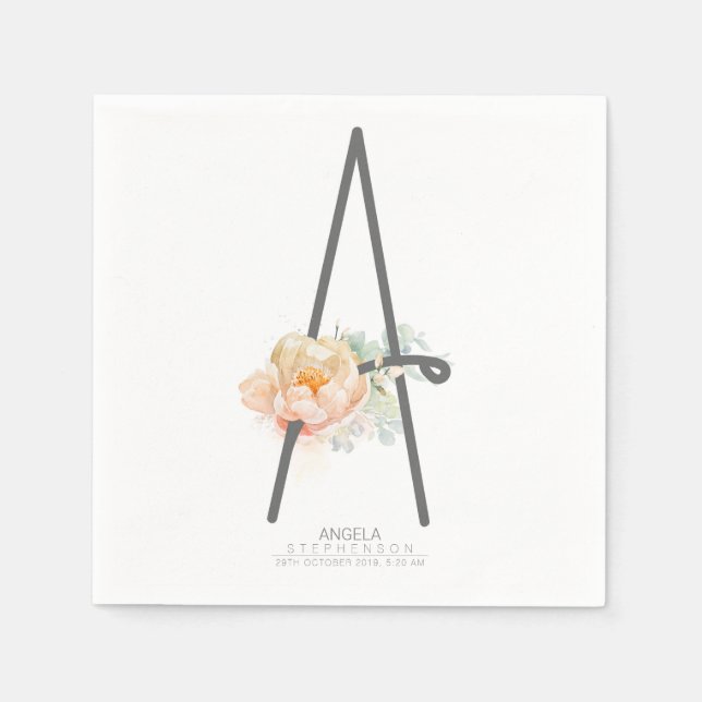 A Brev Monogram  Peach Blommigt CR Pappersservett (Framsidan)