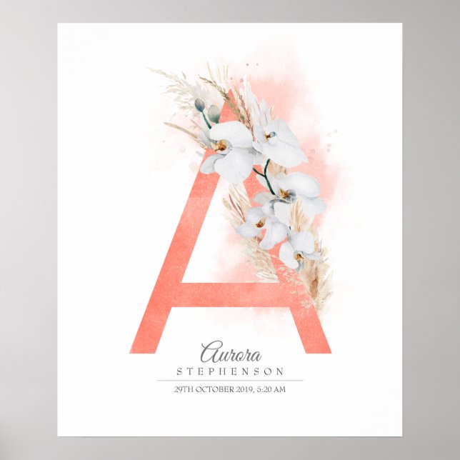 A Brev Monogram White Orchids och Pampas Grass Poster (Framsidan)