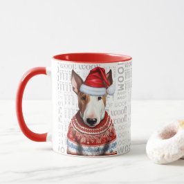 A Bull Terrier Santa in a Sweater Woof Background Mugg