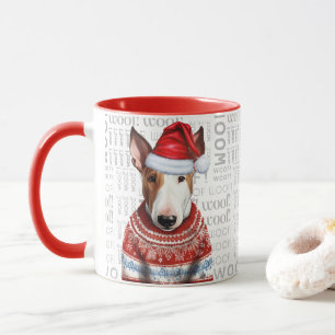 A Bull Terrier Santa in a Sweater Woof Background Mugg