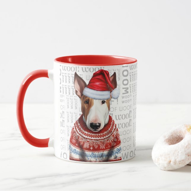 A Bull Terrier Santa in a Sweater Woof Background Mugg (Med munk)