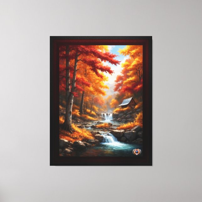 A Cabin Hösten Skogen AI Concept Art av Xzendor7 Canvastryck (Framsida)