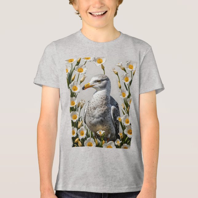 A California Gull and Sego Lily Flowers T Shirt (Framsida)