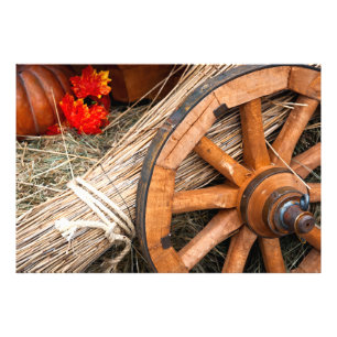 A Cart Wheel, Hay, Pumpkin Fototryck