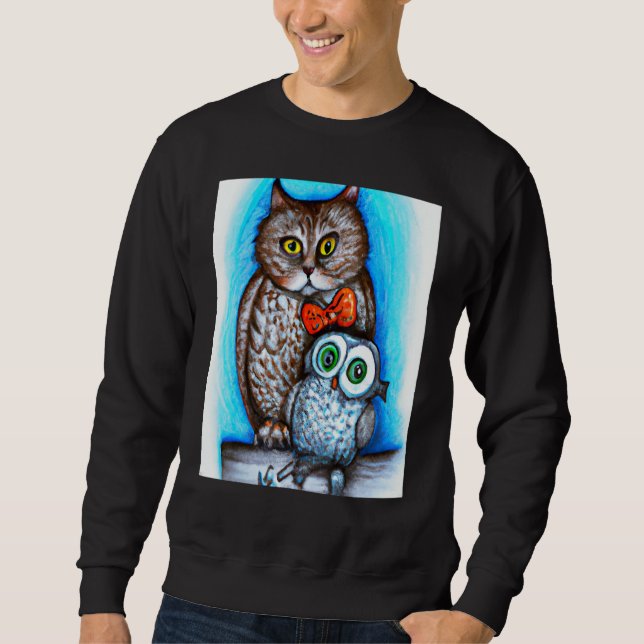 A Cat And An Owl Mixed Art Lång Ärmad Tröja (Framsida)