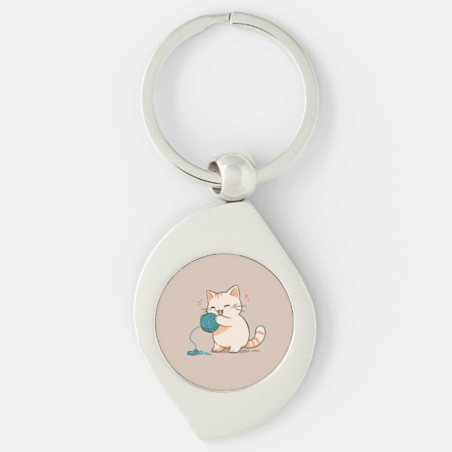 A cat spinning yarn is so cute swirl silverfärgad nyckelring (Framsidan)