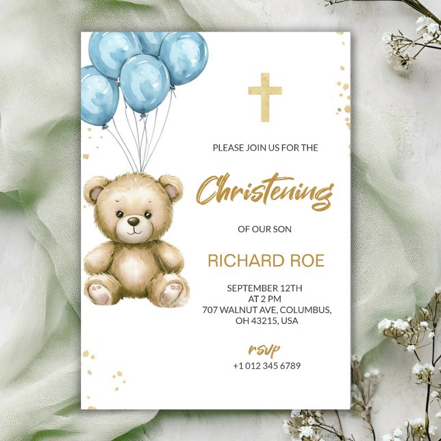 A christening Invitation features a teddy bear Inbjudningar (Skapare uppladdad)