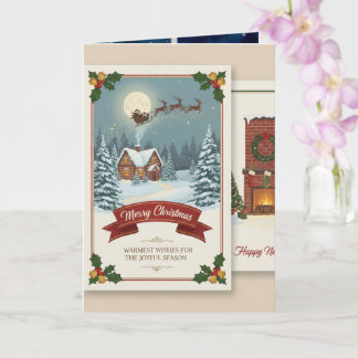 A Christmas card with snowy scenes, festive text, Kort