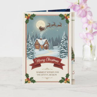 A Christmas card with snowy scenes, festive text, Kort