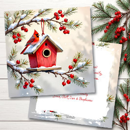 A Christmas Cardinal on a Birdhouse Personalized Julkort