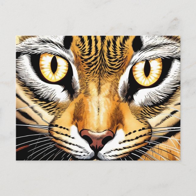 A close-up of a cat's face with yellow eyes vykort (Framsida)