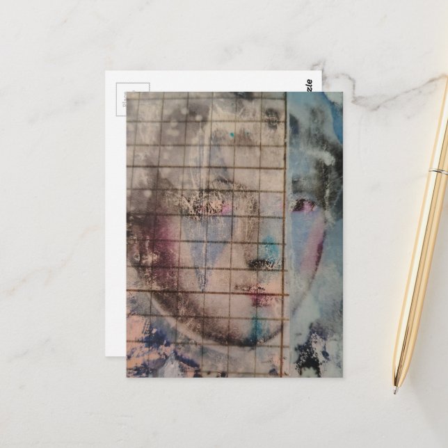 A Clown Face Abstract mixed media collage Postcard Vykort (Fram/Back In Situ)