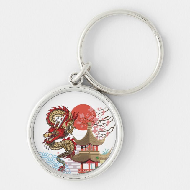 A collaboration of Japanese scenery and dragons Rund Silverfärgad Nyckelring (Framsidan)