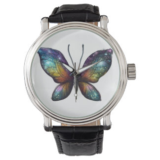 A colorful butterfly with galaxy-like wings is dep armbandsur