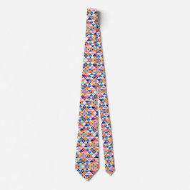 A colorful necktie with a vibrant geometric slips