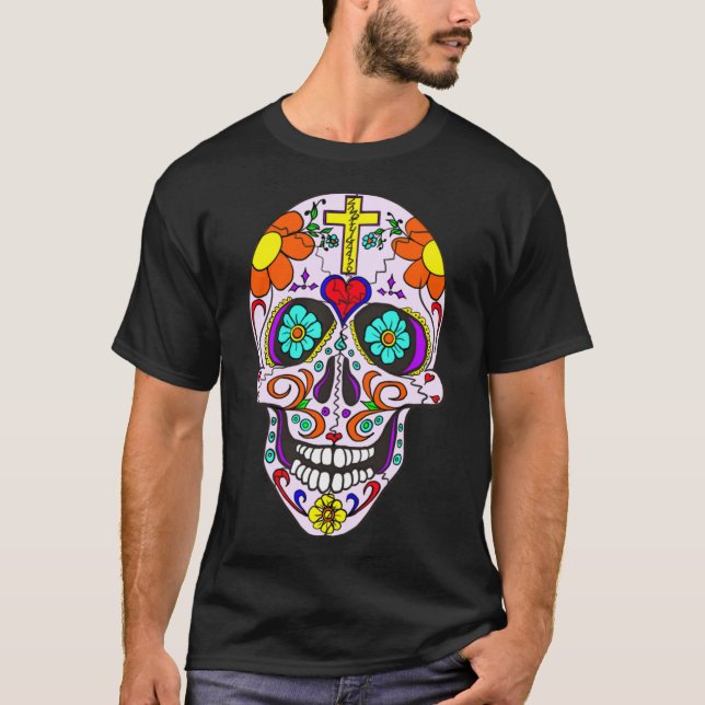 A coola SOCGAR SKULL Dia de Muertos Day of the dea T Shirt (Framsida)