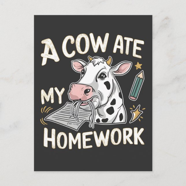 A Cow Ate my Homwork Funny Back to school Cow Meddelande Vykort (Framsida)