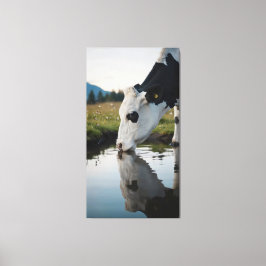 A cow drinks water in a natural stream canvastryck