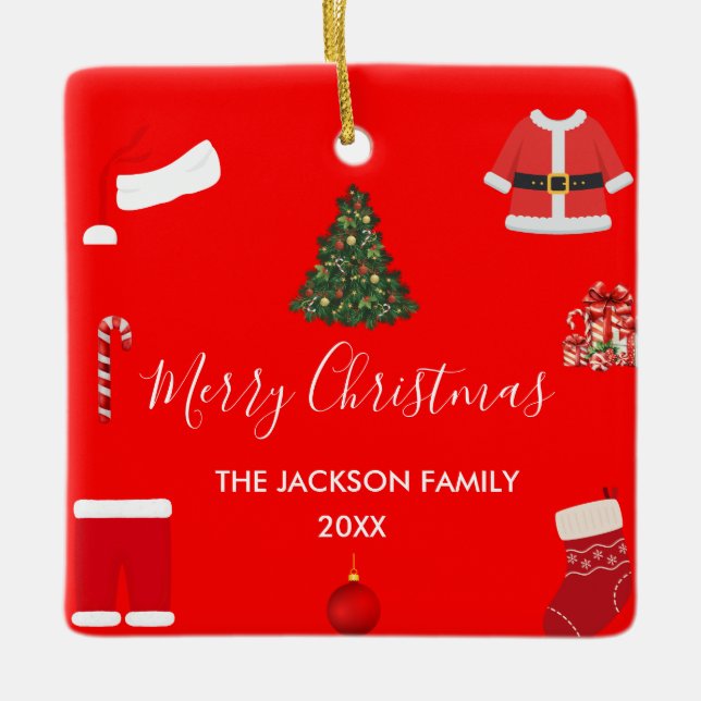 A Cozy Christmas Gathering Set on Warm Red Julgransprydnad Keramik (Framsida)