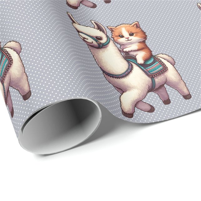 A Cudely Kitten Riding Fluffy Llama, Cat och Llama Presentpapper (Rullad Hörn)