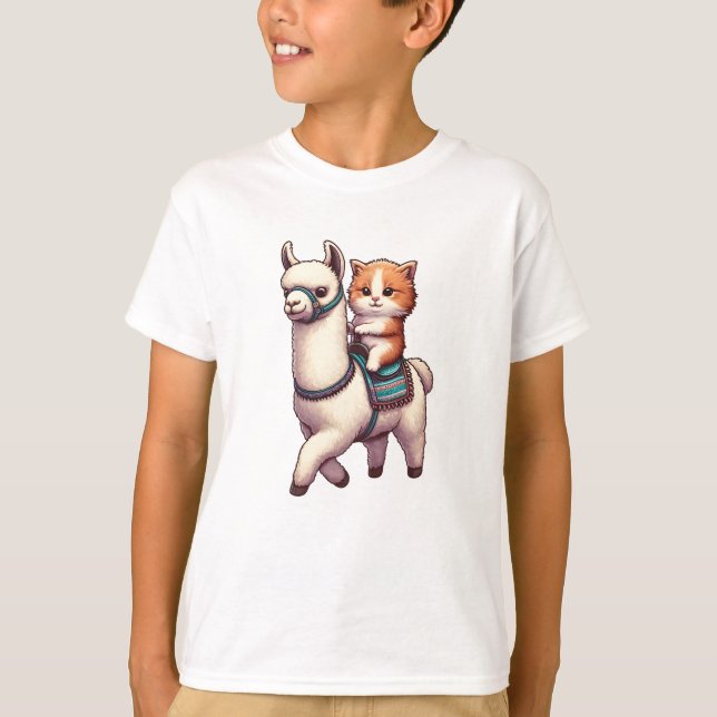 A Cudely Kitten Riding Fluffy Llama, Cat och Llama T Shirt (Framsida)