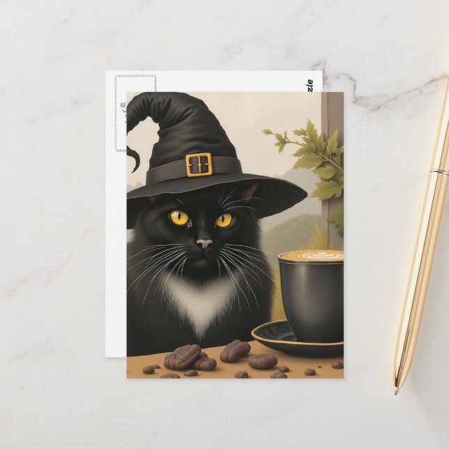 A Cute Black Witch Cat and a Coffee Vykort (Fram/Back In Situ)