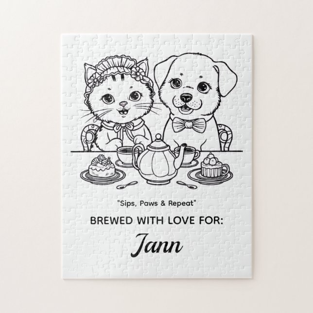 A Cute Cat och Hund Tea Party Jigszle Puzzle Pussel (Vertikal)