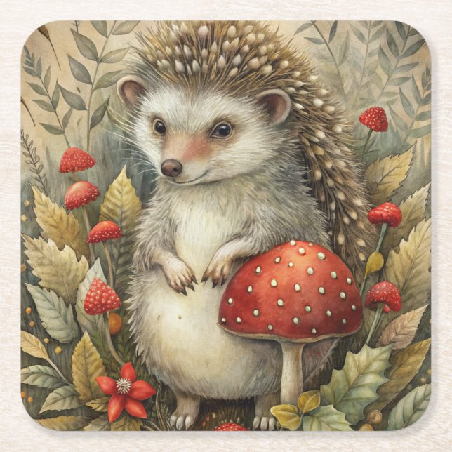 A Cute Hedgehog in Forest Underlägg Papper Kvadrat (Framsidan)