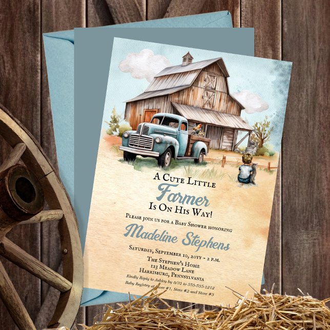 A Cute Little Farmer Barn | Lastbil Boy Baby Showe Inbjudningar ("A Cute Little Farmer Is On His Way!" Boy Rustic Barn | Vintage Truck Baby Shower Invitation)