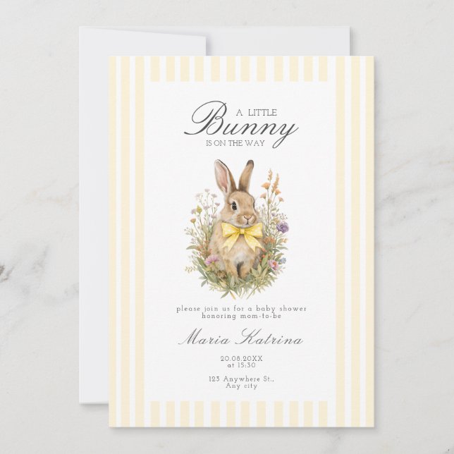 A cute little Floral Bunny Yellow Bow Baby Shower  Inbjudningar (Framsida)