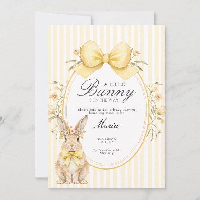 A cute little Floral Bunny Yellow Bow Baby Shower  Inbjudningar (Framsida)