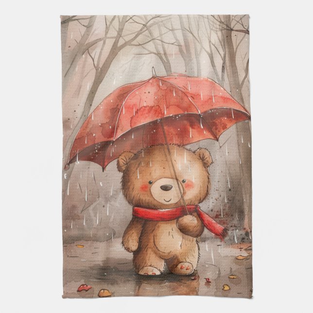 A Cute Teddy Bear in The Rain Kökshandduk (Vertikal)