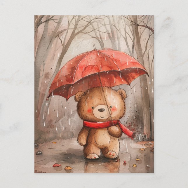 A Cute Teddy Bear in The Rain Vykort (Framsida)