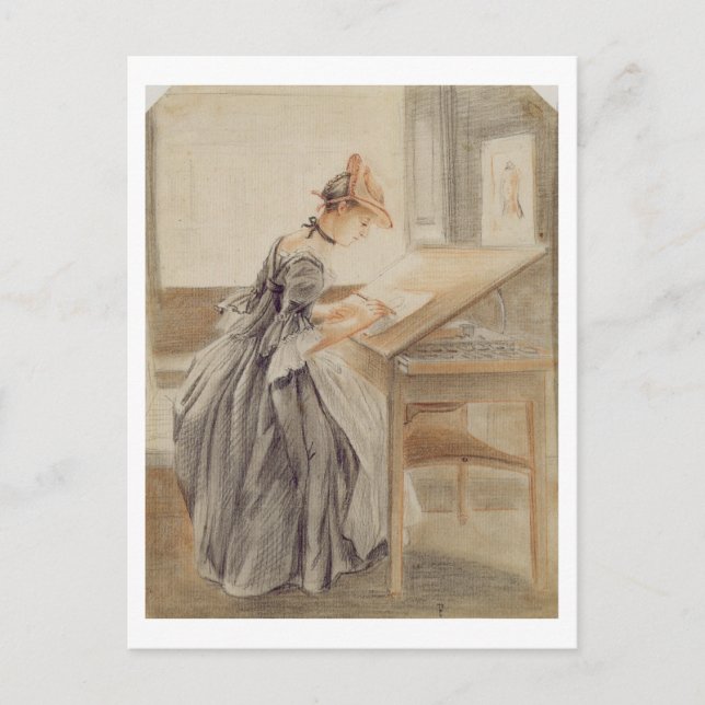 A Dam Copying at a Teckning Bord, c.1760-70 (grap) Vykort (Framsida)
