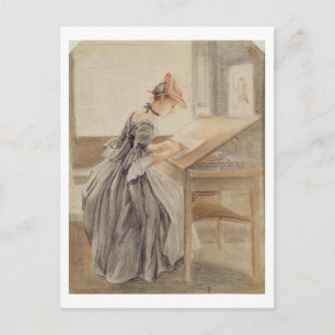 A Dam Copying at a Teckning Bord, c.1760-70 (grap) Vykort